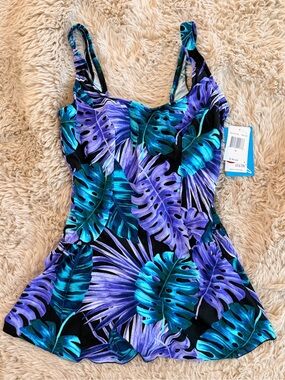NWT Azul Tropical Leaf Swim Dress in Teal & Purple